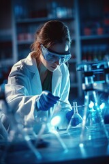 Scientist in a lab wearing mask conducting experiments. Generative AI