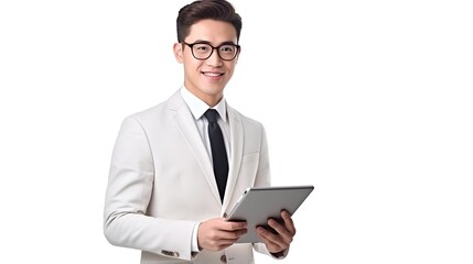 professional asian business person with tablets isolated on white background
