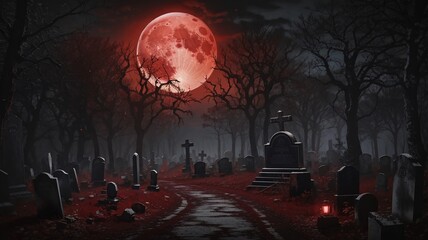 horror graveyard ghostly tree silhouettes in bloody red moon night