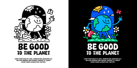 Cute earth character chasing butterfly with be good to the planet typography, illustration for logo, t-shirt, sticker, or apparel merchandise. With doodle, retro, groovy, and cartoon style.