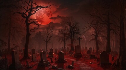Horror graveyard ghostly tree silhouettes in bloody red moon night. Eerie pumpkins and barren trees in a dark graveyard, Halloween Background
