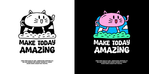Cute cat mascot character running in the park with make today amazing typography, illustration for logo, t-shirt, sticker, or apparel merchandise. With doodle, retro, groovy, and cartoon style.