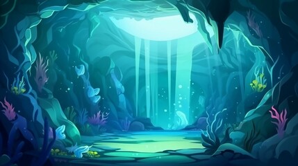 background Underwater cavern with bioluminescent creatures
