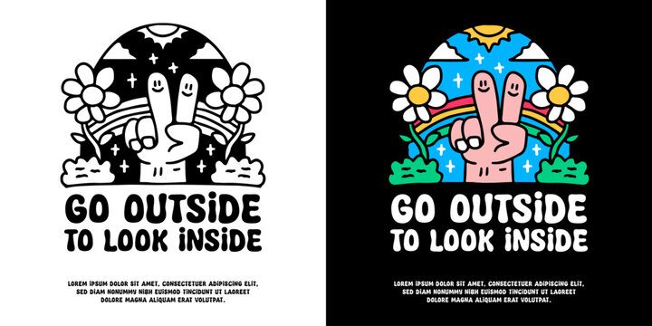 Peace hand and beauty nature landscape with go outside to look inside typography, illustration for logo, t-shirt, sticker, or apparel merchandise. With doodle, retro, groovy, and cartoon style.