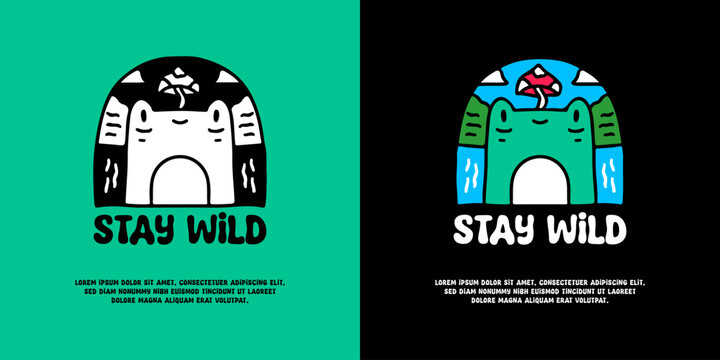 Cute frog and little mushroom with stay wild typography, illustration for logo, t-shirt, sticker, or apparel merchandise. With doodle, retro, groovy, and cartoon style.