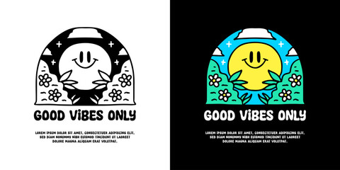 Smiling emoticon in beauty nature with good vibes only typography, illustration for logo, t-shirt, sticker, or apparel merchandise. With doodle, retro, groovy, and cartoon style.