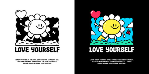 Cute sunflower holding love balloon with love yourself typography, illustration for logo, t-shirt, sticker, or apparel merchandise. With doodle, retro, groovy, and cartoon style.