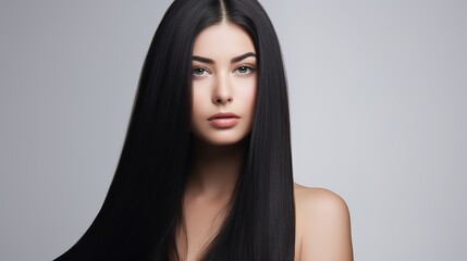 Fototapeta premium Beautiful long hair, a beautiful woman with straight on a gray background