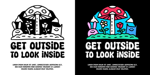 Cute plants and animals with get outside to look inside typography, illustration for logo, t-shirt, sticker, or apparel merchandise. With doodle, retro, groovy, and cartoon style.