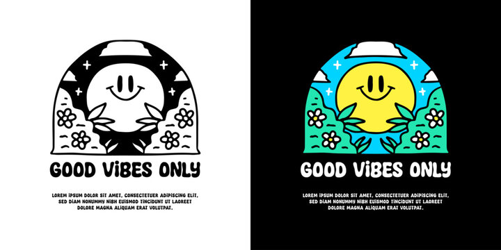 Smiling emoticon in beauty nature with good vibes only typography, illustration for logo, t-shirt, sticker, or apparel merchandise. With doodle, retro, groovy, and cartoon style.