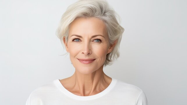 Close up portrait of beautiful senior woman smiling.  beauty skincare. on white background. generative a