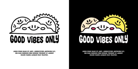 Foto auf Acrylglas Antireflex Funny moon, cloud, and sun with good vibes only typography, illustration for logo, t-shirt, sticker, or apparel merchandise. With doodle, retro, groovy, and cartoon style. © Epan