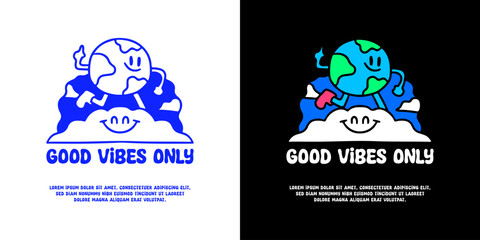 Earth planet character running on the cloud with good vibes only typography, illustration for logo, t-shirt, sticker, or apparel merchandise. With doodle, retro, groovy, and cartoon style.