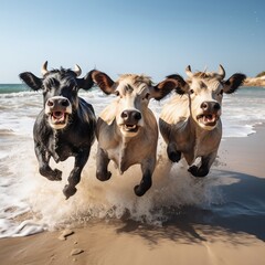 Cute funny Bull group running and playing on beach in autum