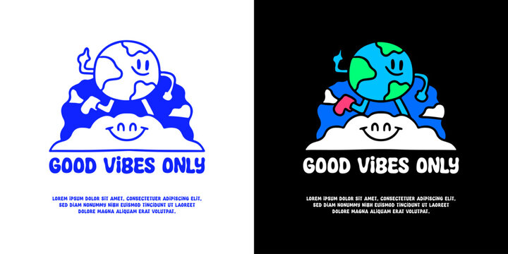 Earth planet character running on the cloud with good vibes only typography, illustration for logo, t-shirt, sticker, or apparel merchandise. With doodle, retro, groovy, and cartoon style.