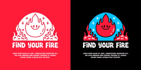 Gartenposter Smiling fire character with find your fire typography, illustration for logo, t-shirt, sticker, or apparel merchandise. With doodle, retro, groovy, and cartoon style. © Epan