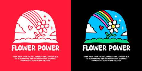 Lovely sunflower and rainbow with flower power typography, illustration for logo, t-shirt, sticker, or apparel merchandise. With doodle, retro, groovy, and cartoon style.