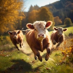 Cute funny Bull group running and playing on green grass in autum