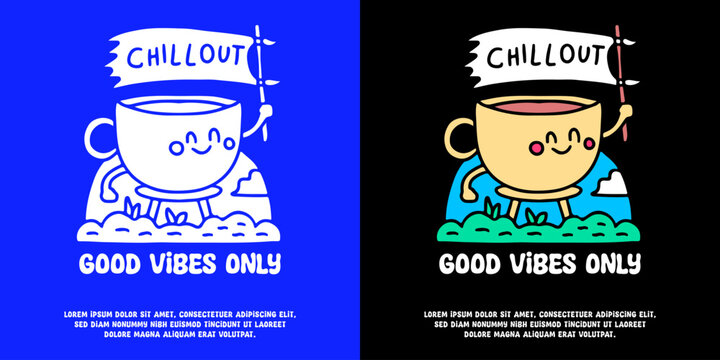 Cute cup of coffee mascot running and holding flag with good vibes only typography, illustration for logo, t-shirt, sticker, or apparel merchandise. With doodle, retro, groovy, and cartoon style.