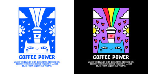 Funny cat and cup of coffee with coffee power typography, illustration for logo, t-shirt, sticker, or apparel merchandise. With doodle, retro, groovy, and cartoon style.