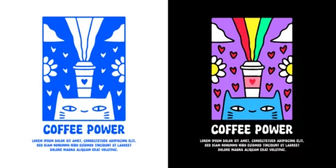 Papier Peint photo Lavable Typographie positive Funny cat and cup of coffee with coffee power typography, illustration for logo, t-shirt, sticker, or apparel merchandise. With doodle, retro, groovy, and cartoon style.