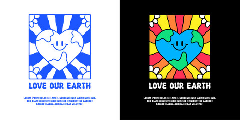 Cute earth planet and groovy background with love our earth typography, illustration for logo, t-shirt, sticker, or apparel merchandise. With doodle, retro, groovy, and cartoon style.