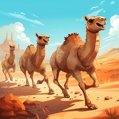 Cute funny Camel group running and playing on desert in autum