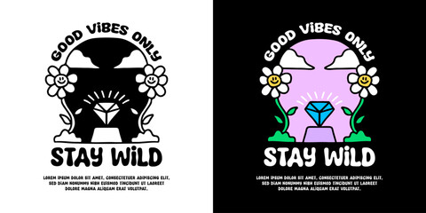 Diamond and sunflower with stay wild typography, illustration for logo, t-shirt, sticker, or apparel merchandise. With doodle, retro, groovy, and cartoon style.
