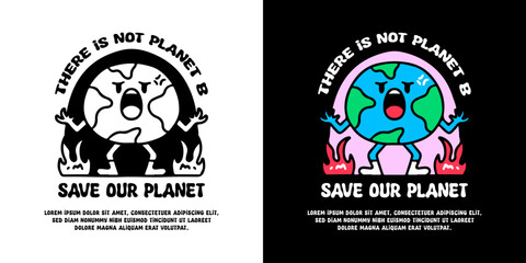 Angry earth planet mascot with save our planet typography, illustration for logo, t-shirt, sticker, or apparel merchandise. With doodle, retro, groovy, and cartoon style.