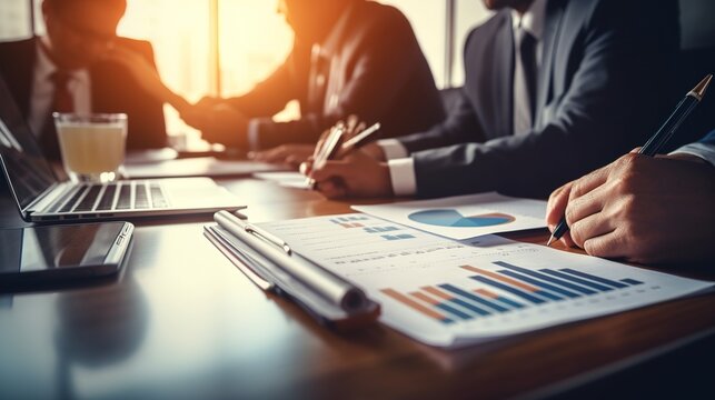 Businessman works on his laptop computer, reviewing income tables and graphs. 