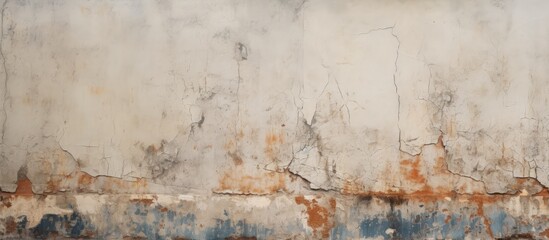 Natural abstract motifs on an imperfect old wall made of stone concrete featuring cracks and peeling paint