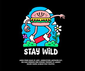 Cool burger playing skateboard with stay wild typography, illustration for logo, t-shirt, sticker, or apparel merchandise. With doodle, retro, groovy, and cartoon style.
