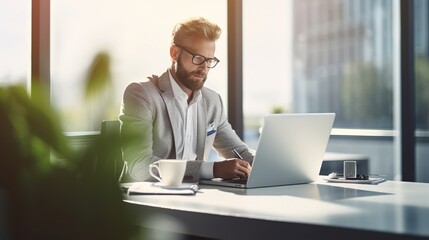 Fototapeta premium Businessman working on laptop computer on desk. generative ai