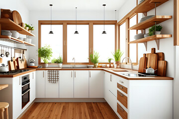 Interior of modern kitchen in vintage style with white wooden furniture and rustic detail. Bright indoors with window and wood. Modern kitchen interior