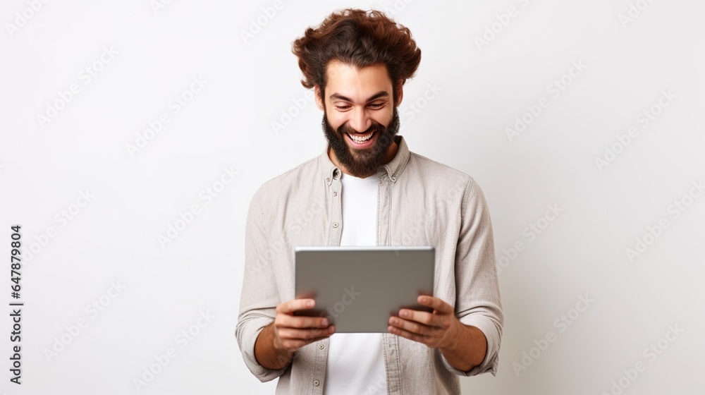Poster man using tablets pc on white background. generative ai