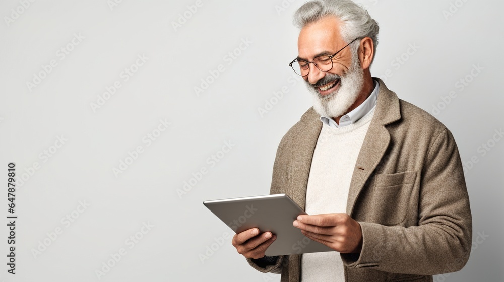 Poster man using tablets pc on white background. generative ai