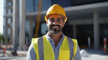 Male civil engineer or architect wears a safety helmet. On a construction site, an engineer. Look at the camera with a smile generative ai