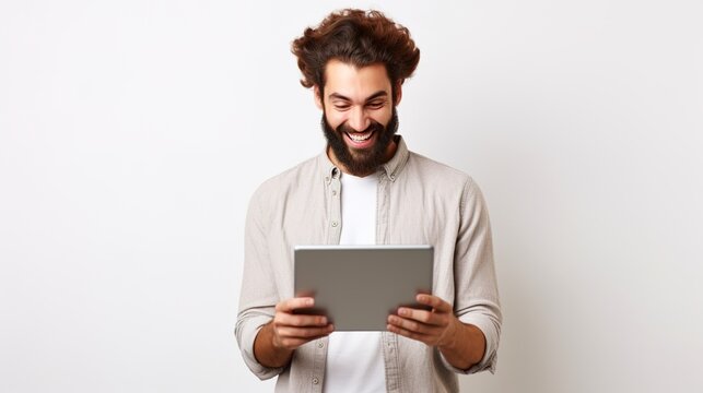 Man using tablets pc on white background. generative ai