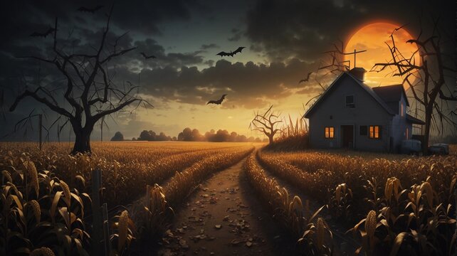 Halloween's Hallowed Ground: Haunted House and Horror Cornfield Terror under the Full Moon