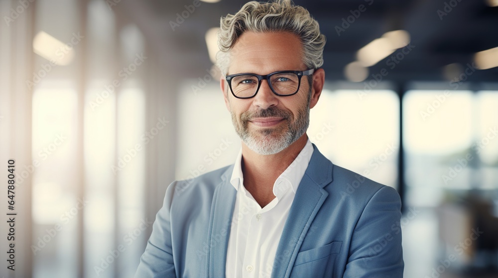 Poster A successful businessman poses with his arms crossed and smiles at the camera. generative ai