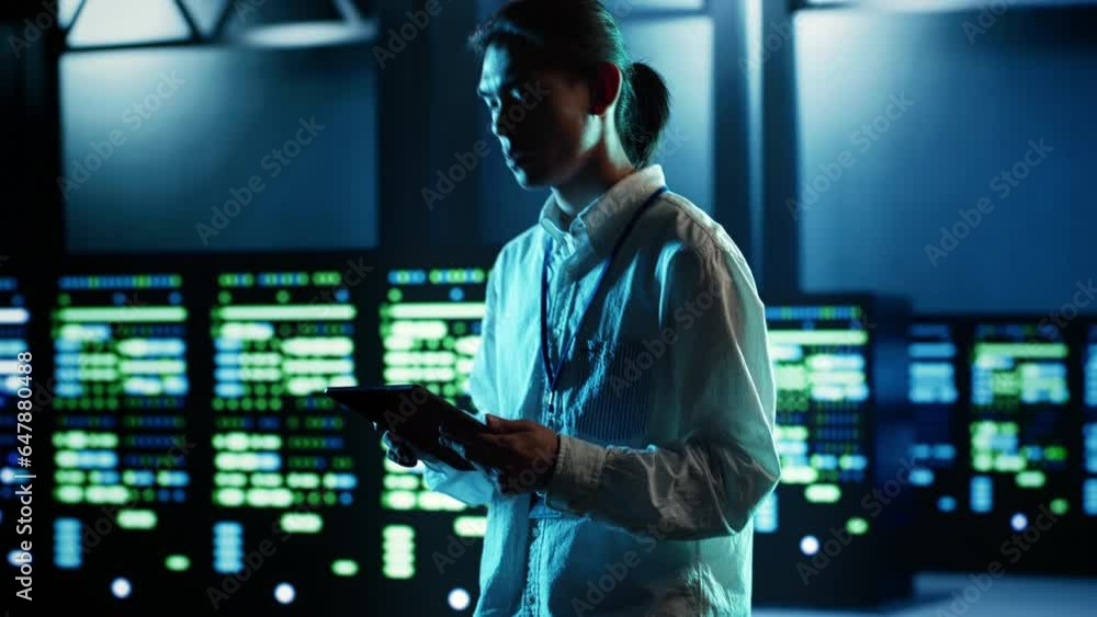 Poster asian man strolling through data center server rows providing processing and memory resources for di