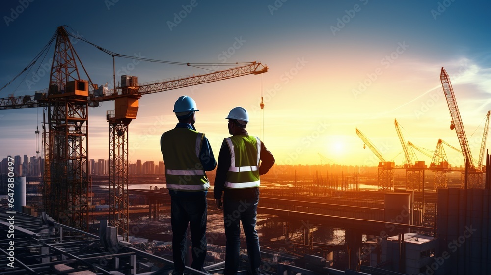 Poster civil engineer inspecting work with walkie-talkie in order to communicate with management team on co