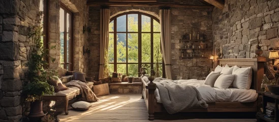 Poster Cozy rustic bedroom with wooden beams and stone walls in a Mediterranean style residence © AkuAku