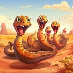 Cute funny Cobra group running and playing on desert in autum