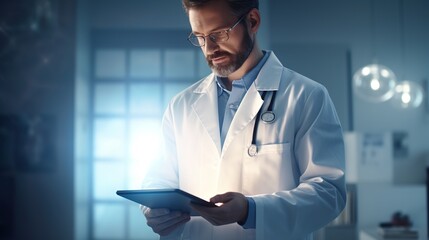 Doctor using tablet pc in hospital. generative ai