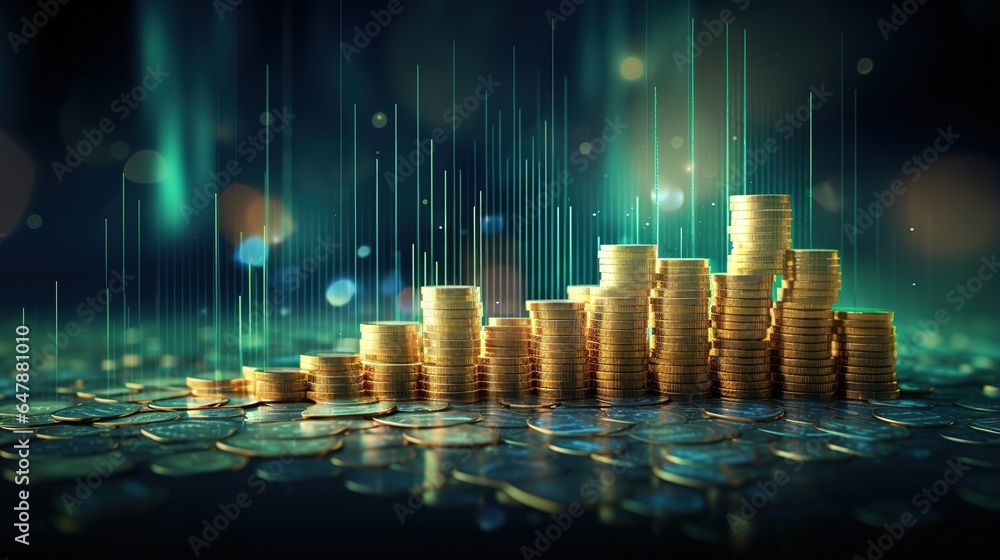 Poster stack coin with graph on the city background. generative ai