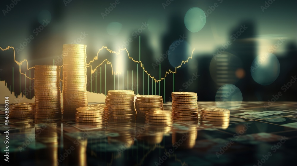Poster stack coin with graph on the city background. generative ai