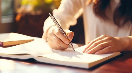 Closeup woman writing on a notebook on desk. generative ai - obrazy, fototapety, plakaty