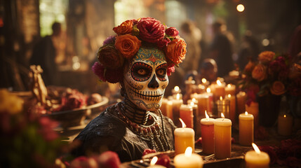 A woman with a wreath of flowers in her hair and a drawing of skull on her face. Mexican holiday concept.