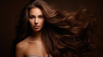 Long hair on a beautiful chic woman. Makeup and hair.Woman's hair is neatly groomed. The brunette hair covers half of the face. generative ai